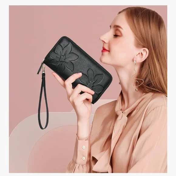 Vibrant Red Floral Embossed Leather Clutch with Wrist Strap RFID - Picture 9 of 11